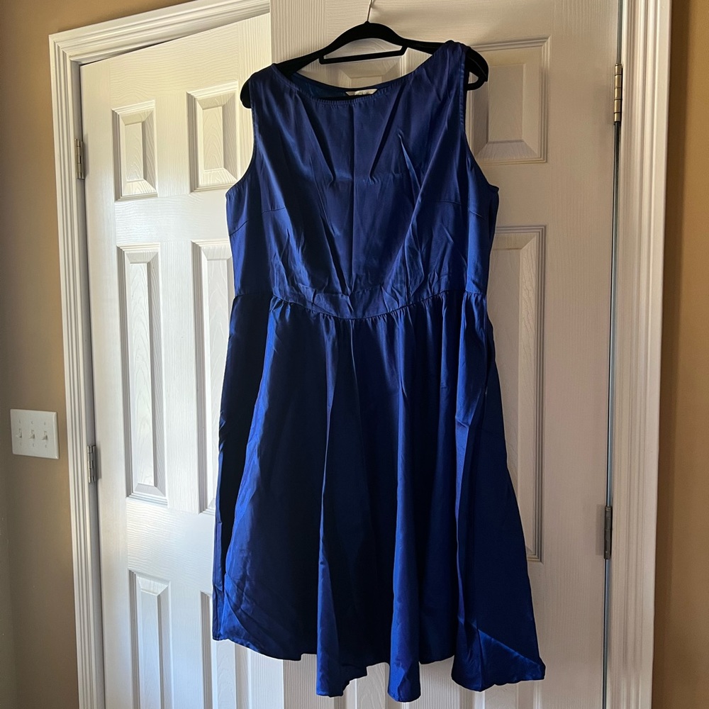 Blue, satin, fit and flare dress.